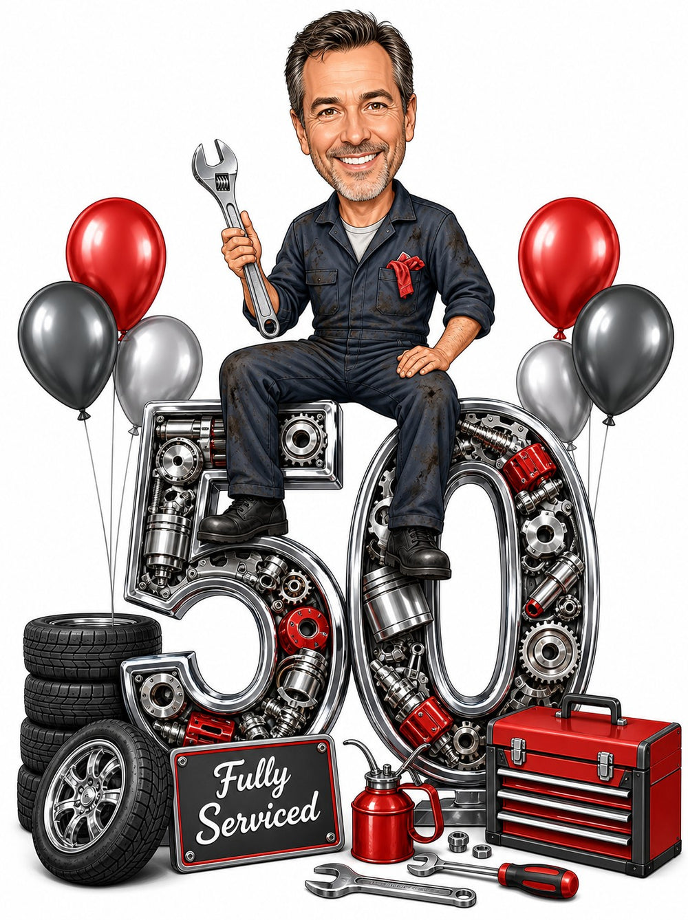 Mechanic birthday caricature with giant age number, wrench, tires, red toolbox and balloons.