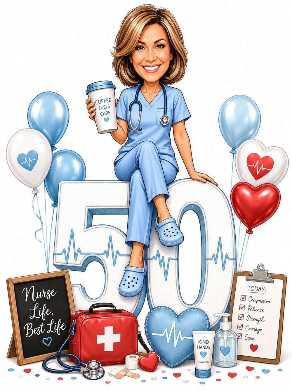 Female nurse in blue scrubs sits on giant 50 with coffee and medical gear