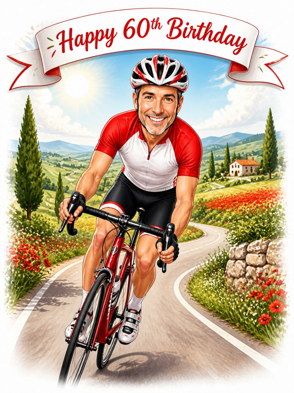 Road cyclist on red bike with Happy 60th Birthday banner in sunny countryside.
