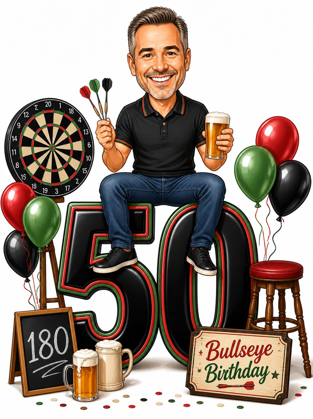 Man sitting on giant 50 with darts, dartboard, balloons and beer mugs.