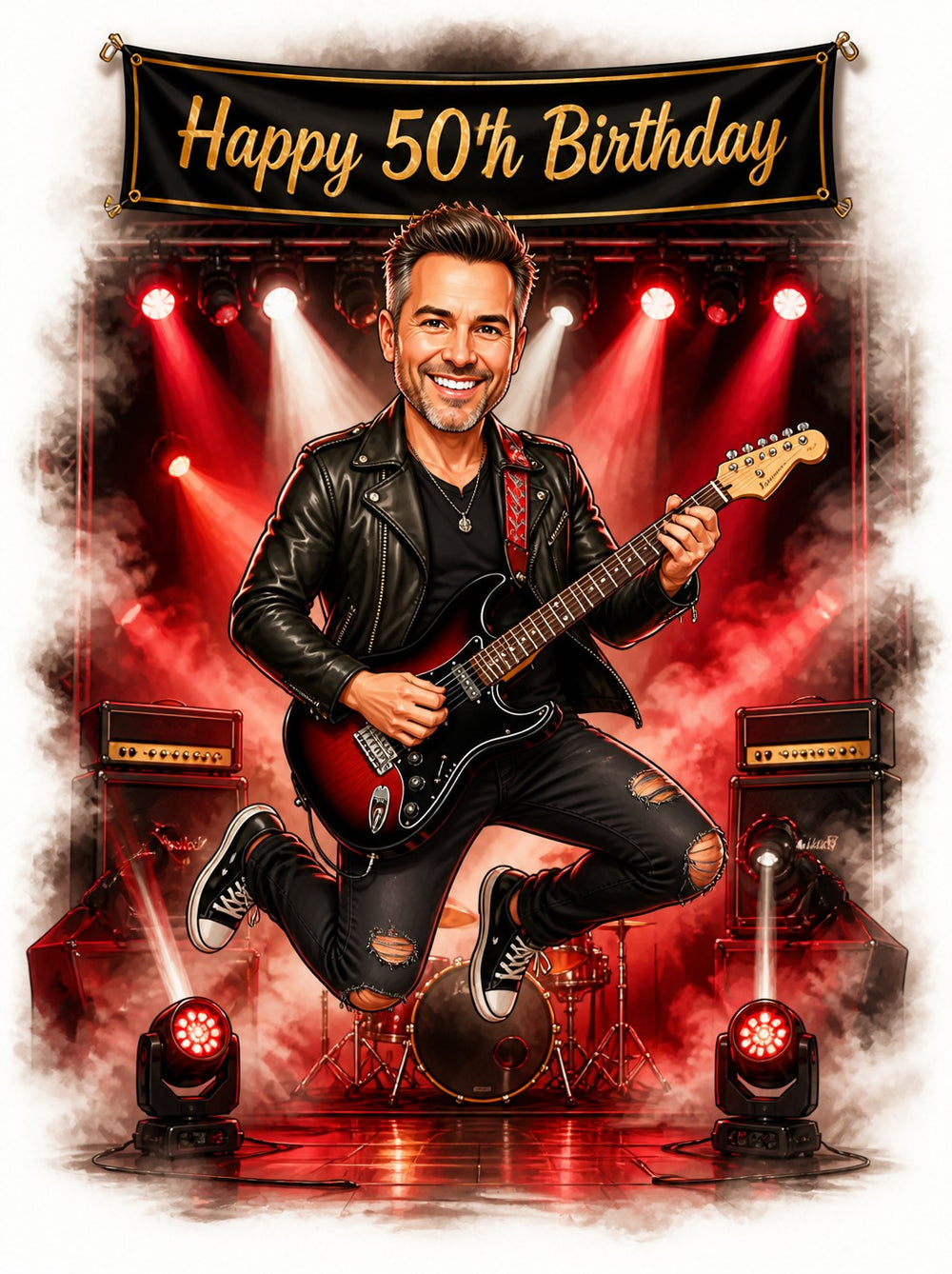 Rock guitarist birthday caricature with electric guitar, leather jacket, red stage lights.