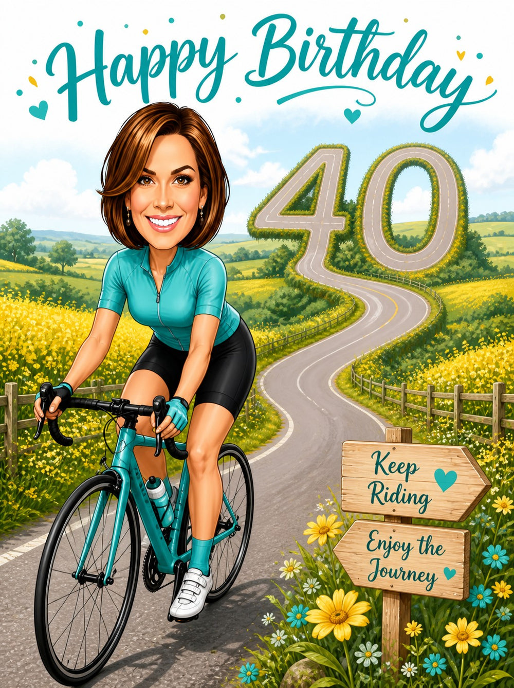 Woman cycling on teal road bike, Happy Birthday banner and road-shaped 40.