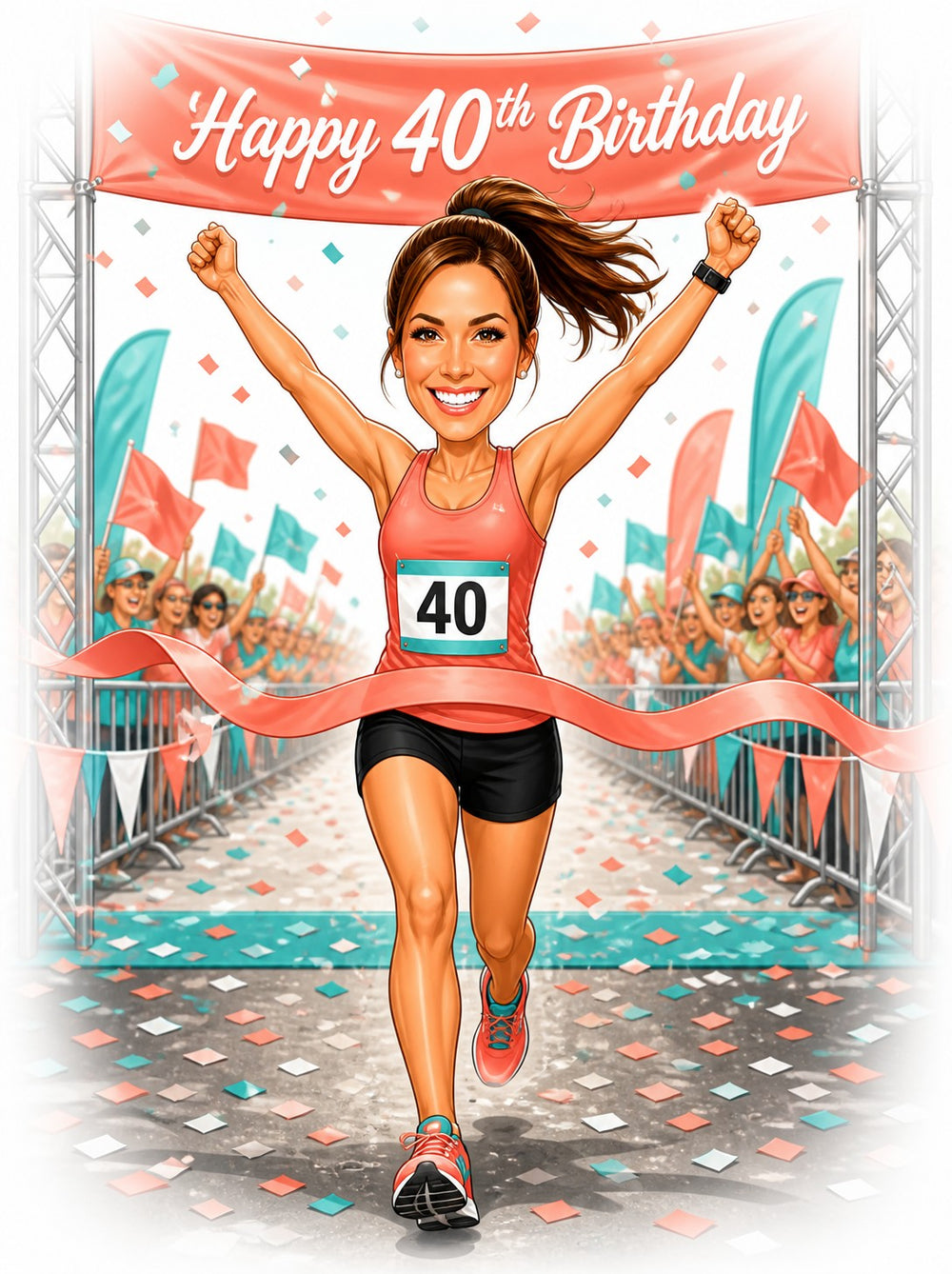 Woman runner breaking finish ribbon under Happy 40th Birthday banner.
