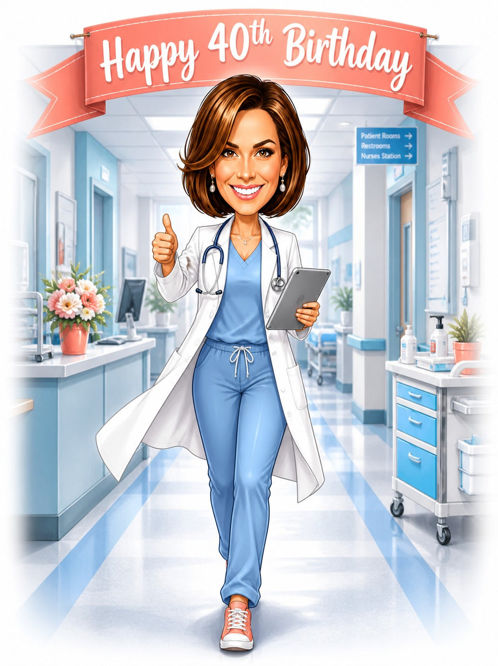 Female doctor caricature in scrubs with stethoscope under Happy 40th Birthday banner