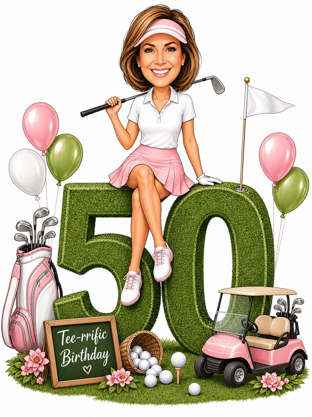 Woman golfer on giant grass 50 with pink cart, balloons, and Tee-rrific Birthday sign.