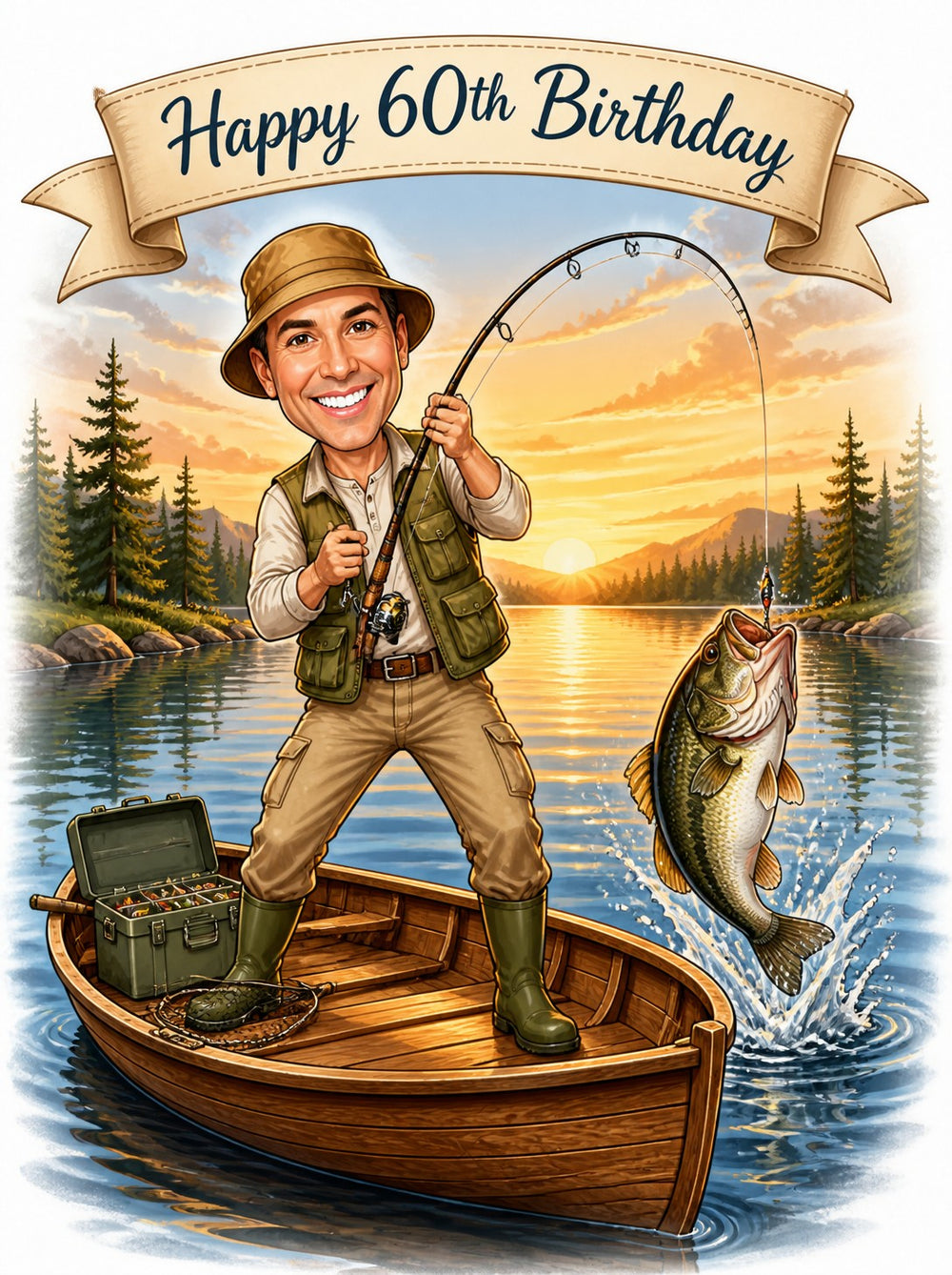 Fisherman landing a big bass in rowboat with Happy 60th Birthday banner.