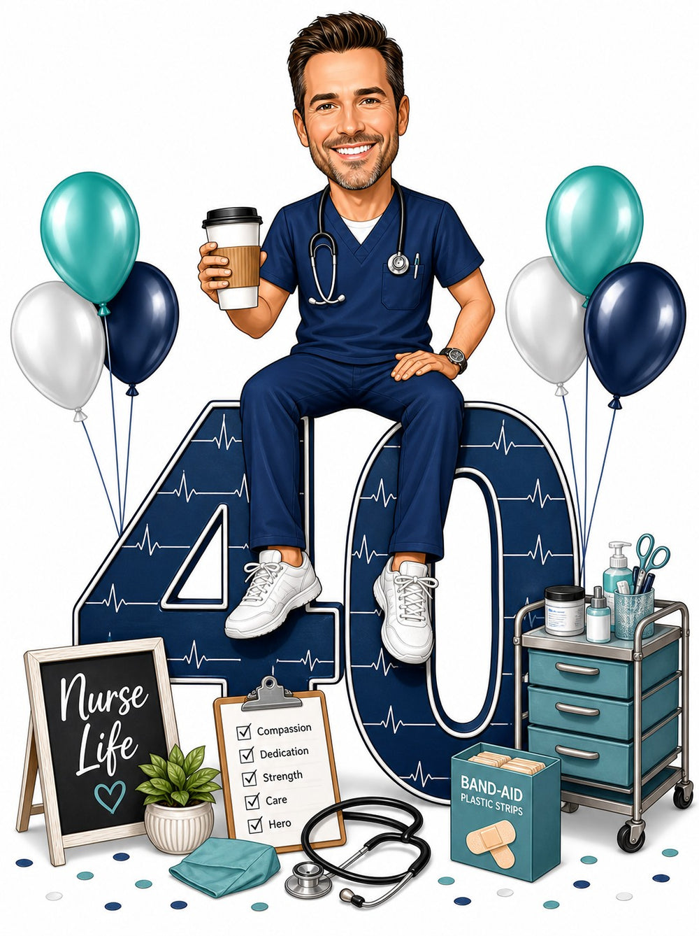 Male nurse caricature sitting on giant 40 with balloons, stethoscope, and coffee cup.