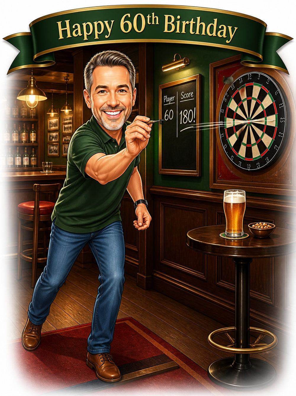 Man throwing dart in pub, Happy 60th Birthday banner, chalkboard shows 180 score, pint.
