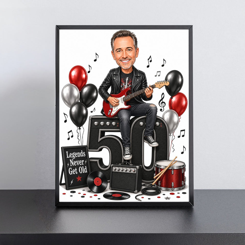 Custom Guitar Birthday Caricature for Him printed and framed on a wall