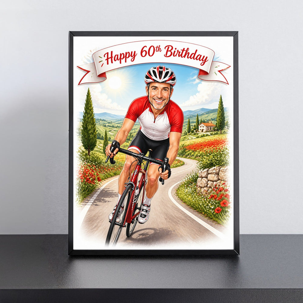 Custom Cycling in Action Birthday Caricature for Him printed and framed on a wall