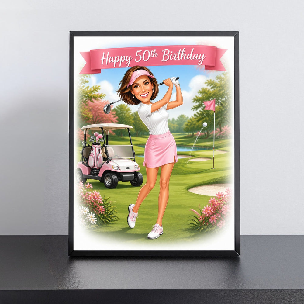 Custom Golf in Action Birthday Caricature for Her printed and framed on a wall