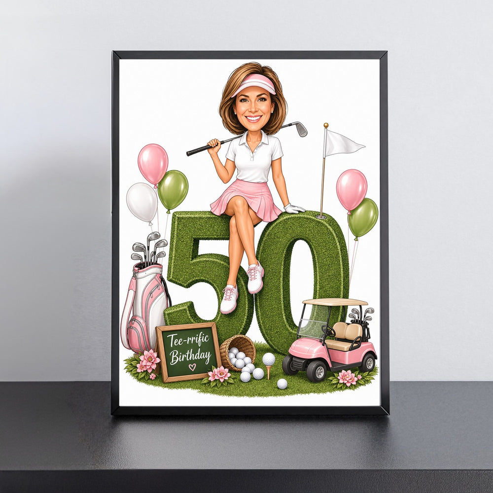 Custom Golf Birthday Caricature for Her on Giant Number printed and framed on a wall