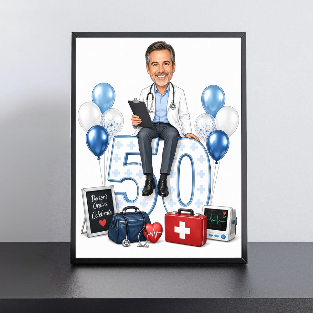 Custom Doctor Birthday Caricature for Him on Giant Number printed and framed on a wall