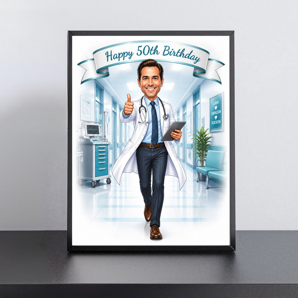 Custom Doctor in Action Birthday Caricature for Him printed and framed on a wall