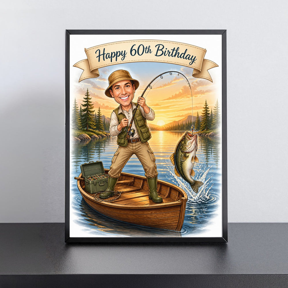 Custom Fishing in Action Birthday Caricature for Him printed and framed on a wall