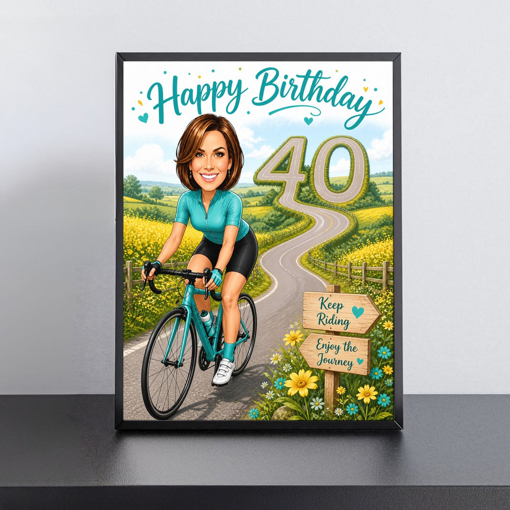 Custom Cycling in Action Birthday Caricature for Her printed and framed on a wall