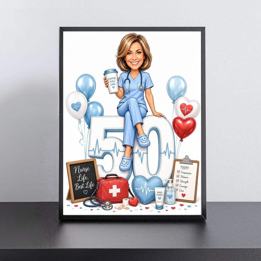 Custom Nurse Birthday Caricature for Her on Giant Number printed and framed on a wall