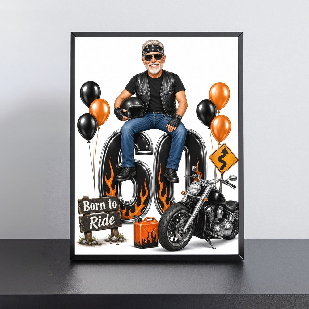 Custom Motorcycle Birthday Caricature for Him on Giant Number printed and framed on a wall