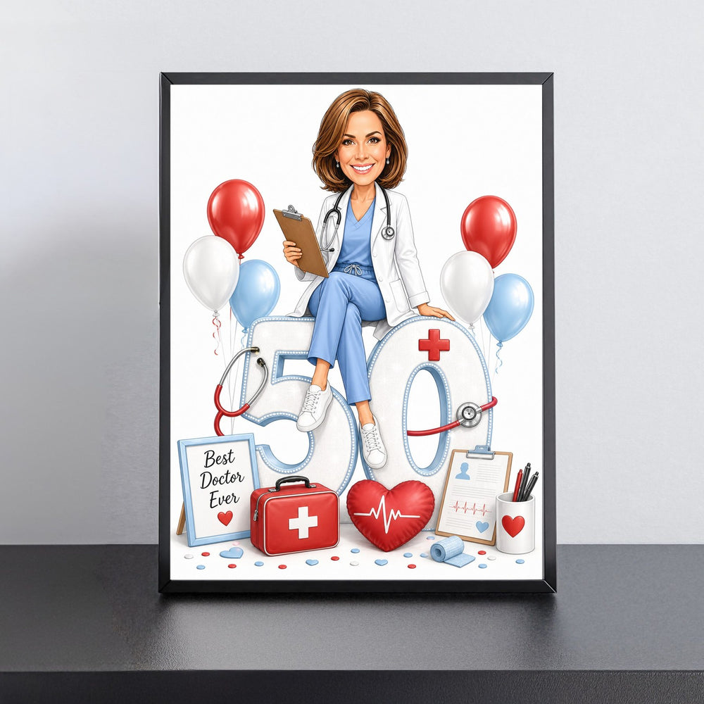 Custom Doctor Birthday Caricature for Her on Giant Number printed and framed on a wall
