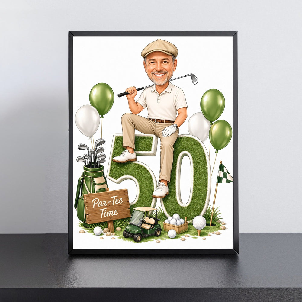 Custom Golf Birthday Caricature for Him on Giant Number printed and framed on a wall