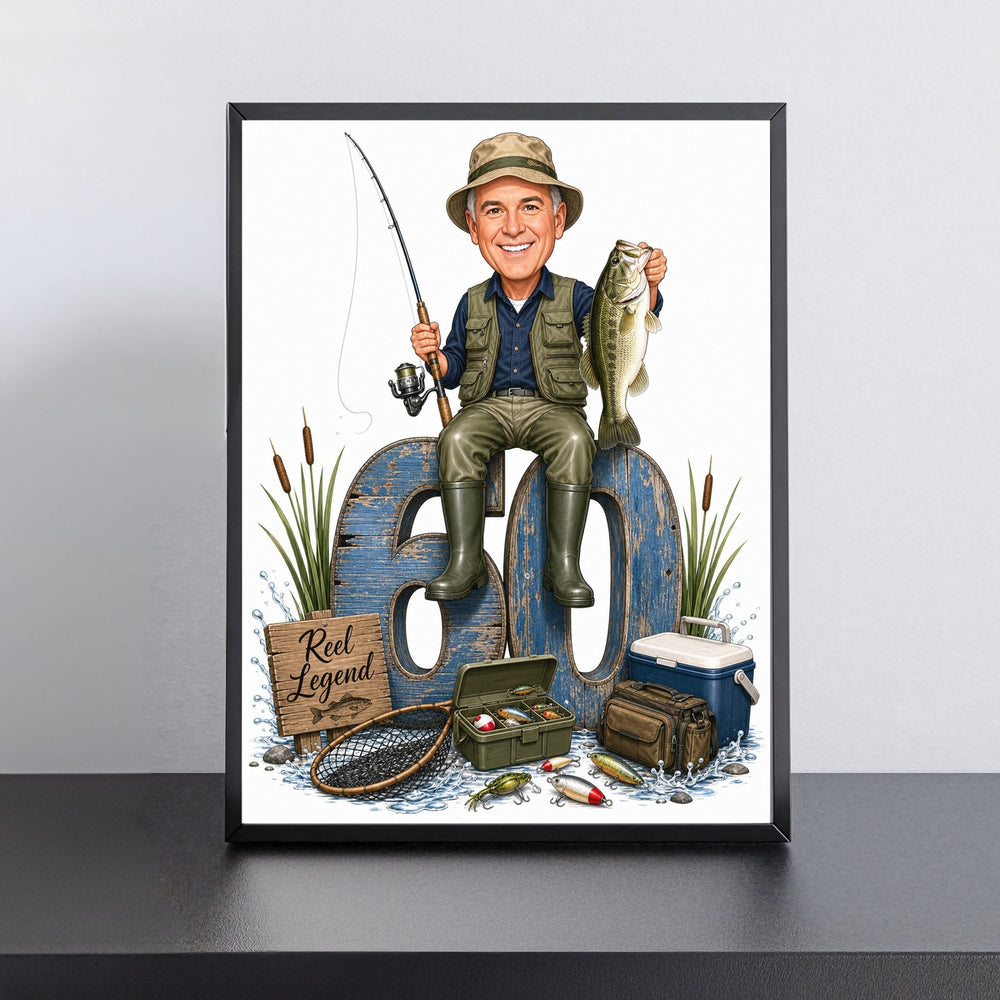 Custom Fishing Birthday Caricature for Him on Giant Number printed and framed on a wall