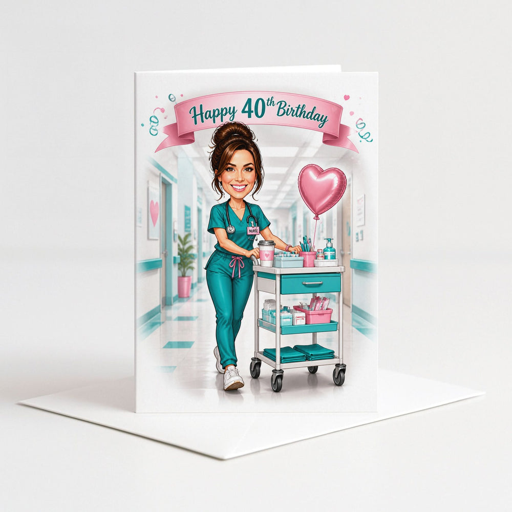 Custom Nurse in Action Birthday Caricature for Her as a 5x7 greeting card with envelope