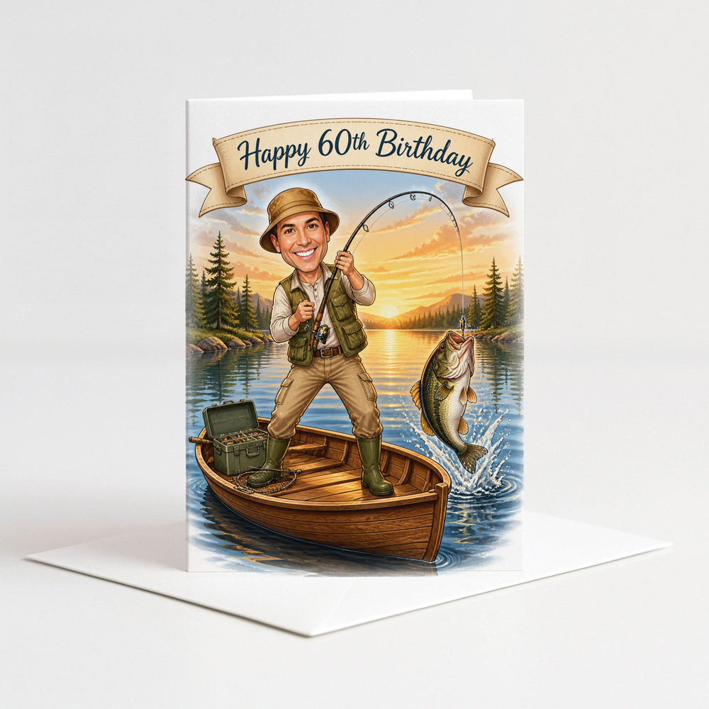 Custom Fishing in Action Birthday Caricature for Him as a 5x7 greeting card with envelope