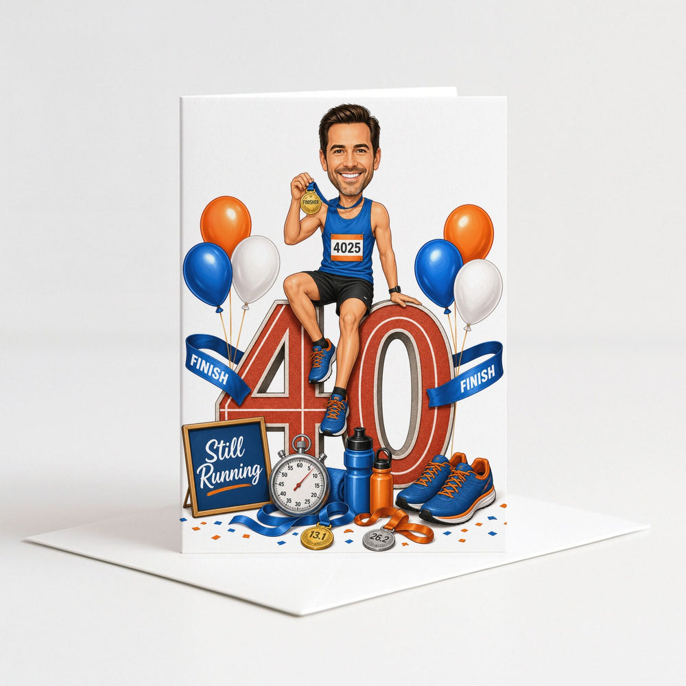 Custom Running Birthday Caricature for Him on Giant Number as a 5x7 greeting card with envelope