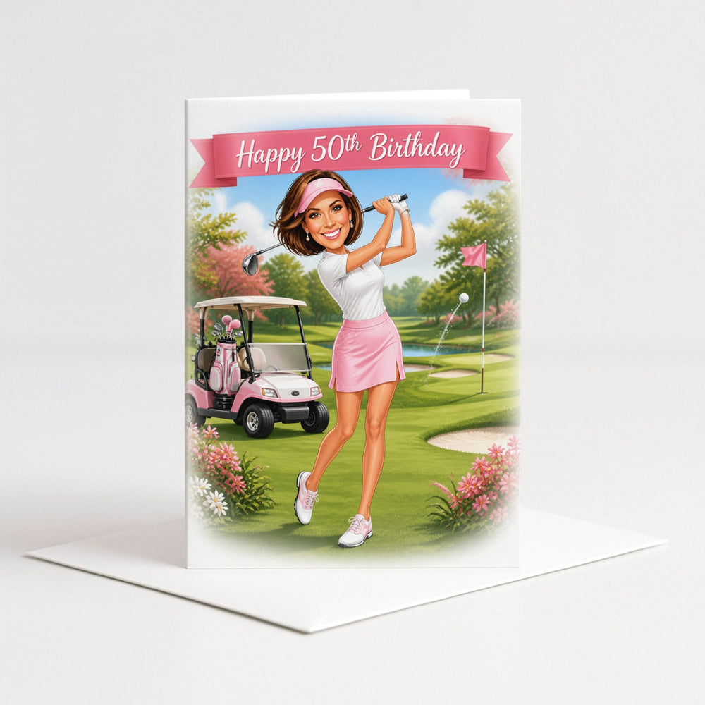 Custom Golf in Action Birthday Caricature for Her as a 5x7 greeting card with envelope
