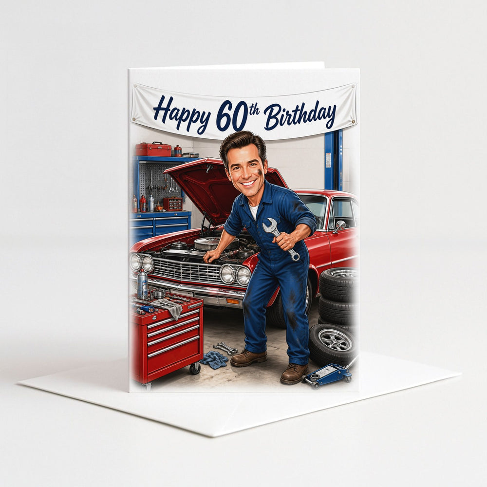 Custom Mechanic in Action Birthday Caricature for Him as a 5x7 greeting card with envelope