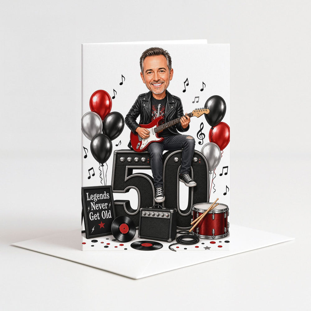 Custom Guitar Birthday Caricature for Him as a 5x7 greeting card with envelope