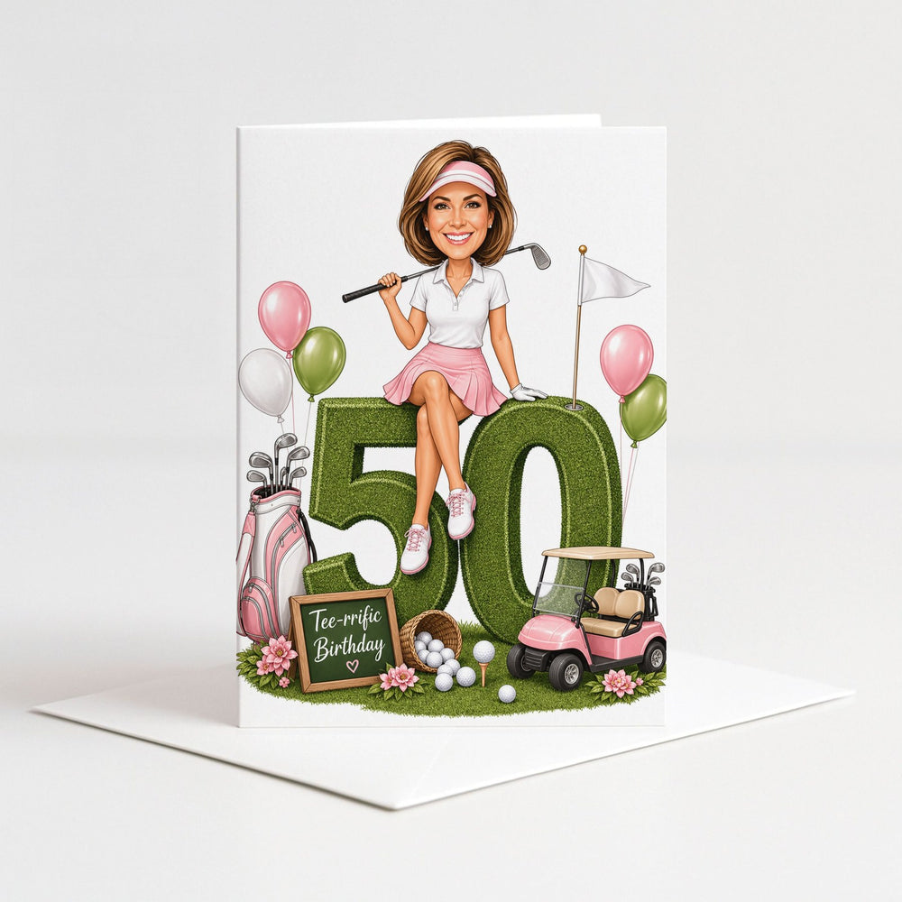 Custom Golf Birthday Caricature for Her on Giant Number as a 5x7 greeting card with envelope