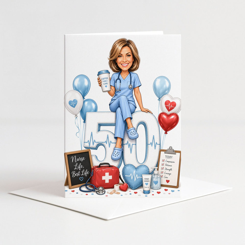 Custom Nurse Birthday Caricature for Her on Giant Number as a 5x7 greeting card with envelope