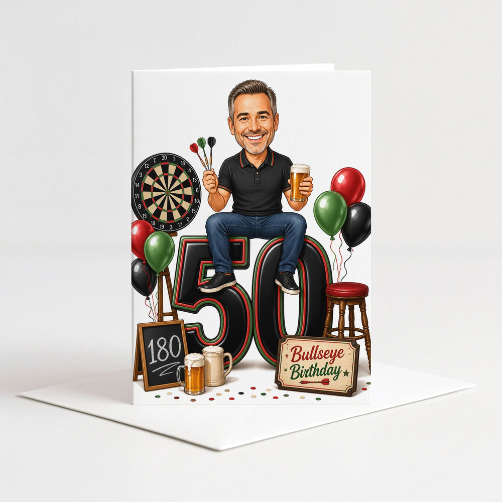 Custom Darts Birthday Caricature for Him on Giant Number as a 5x7 greeting card with envelope