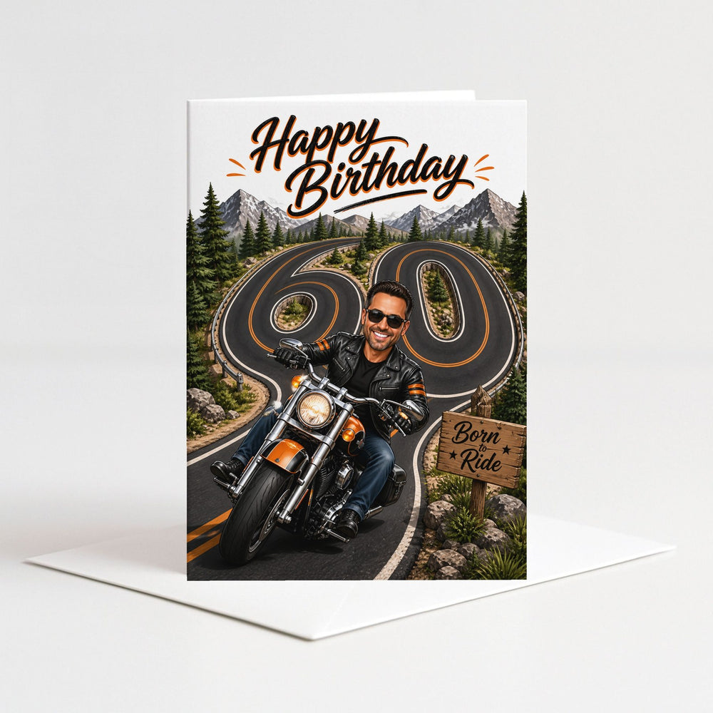 Custom Motorcycle in Action Birthday Caricature for Him as a 5x7 greeting card with envelope