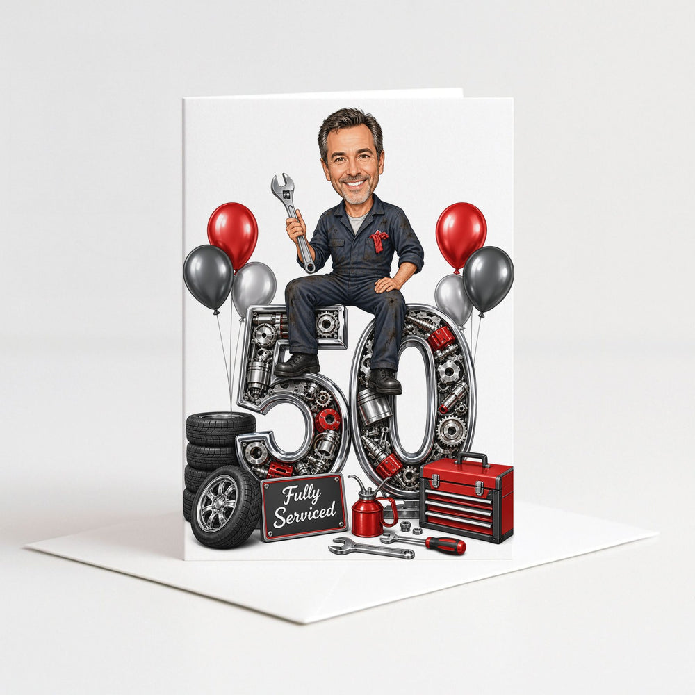 Custom Mechanic Birthday Caricature for Him on Giant Number as a 5x7 greeting card with envelope