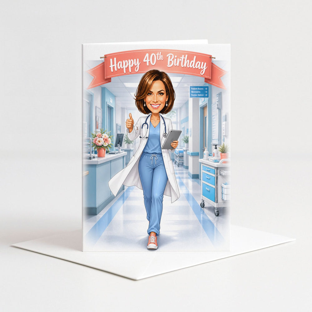 Custom Doctor in Action Birthday Caricature for Her as a 5x7 greeting card with envelope