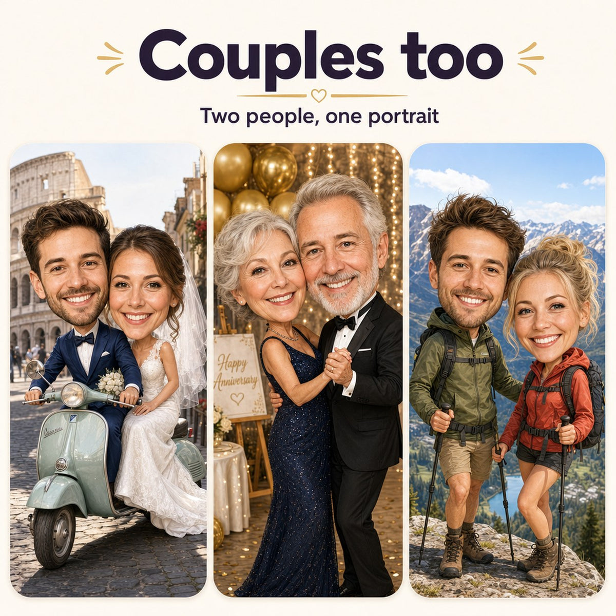 Custom couple caricatures: newlyweds on a scooter, anniversary dance, hiking couple