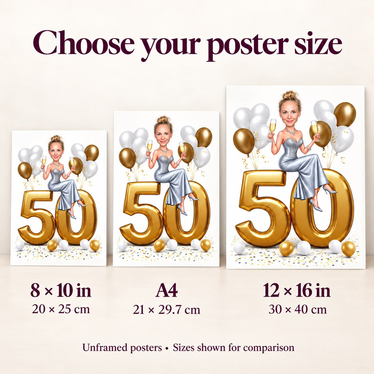Poster size comparison: 8x10 in, A4 and 12x16 in