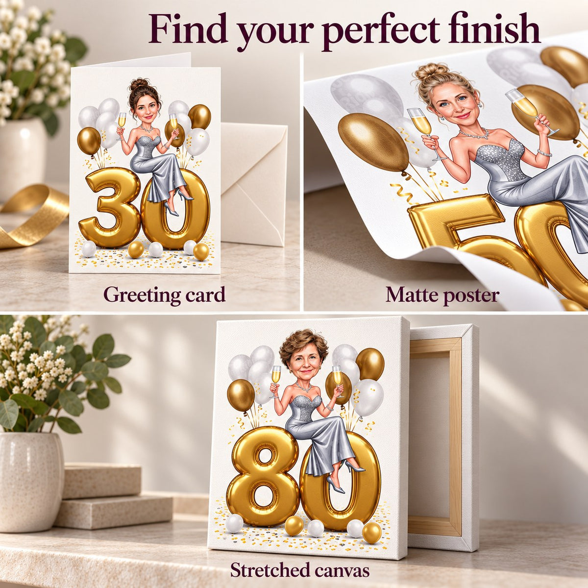 Print finishes: greeting card, matte poster and stretched canvas