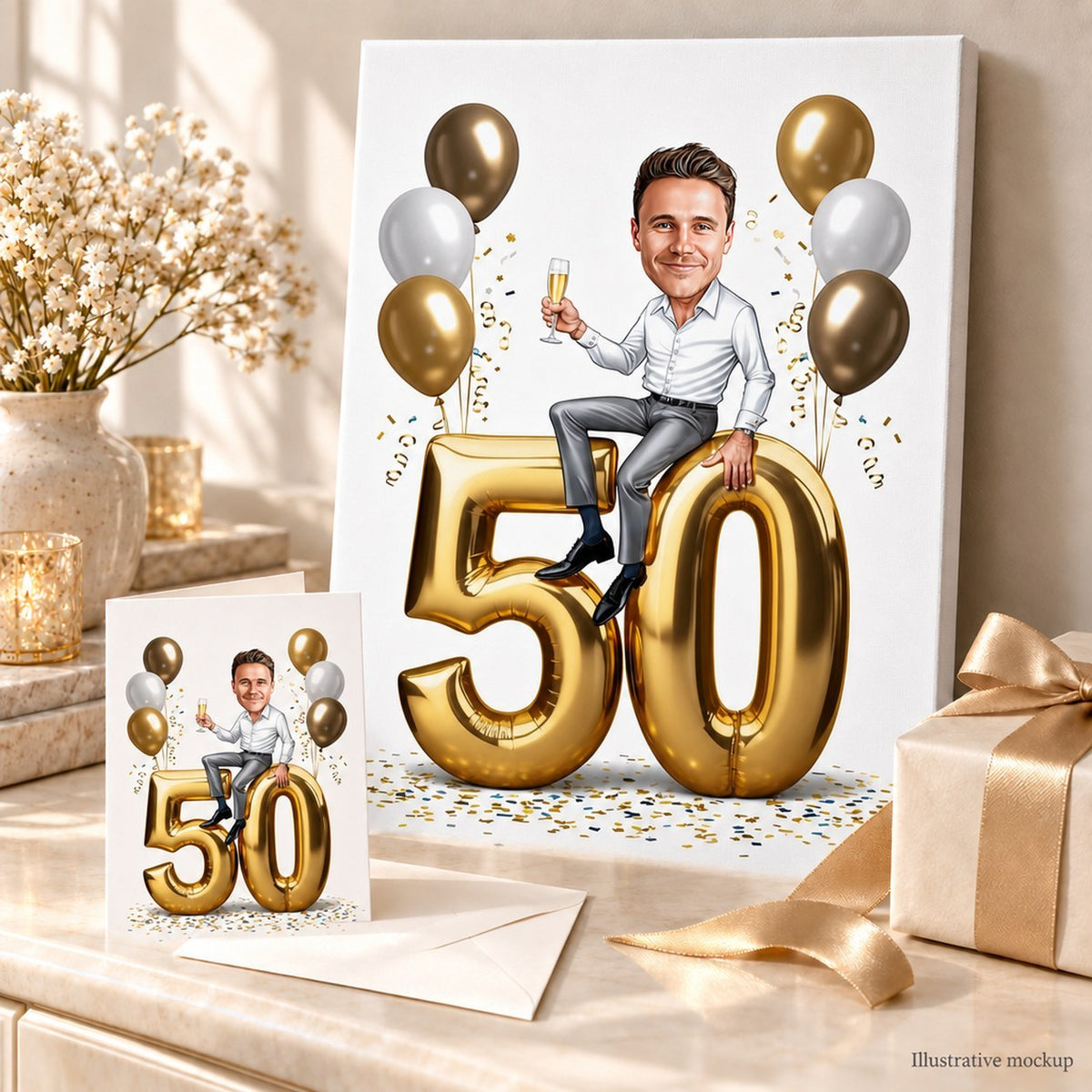 Gold birthday caricature on canvas and greeting card, arranged as a celebratory gift.