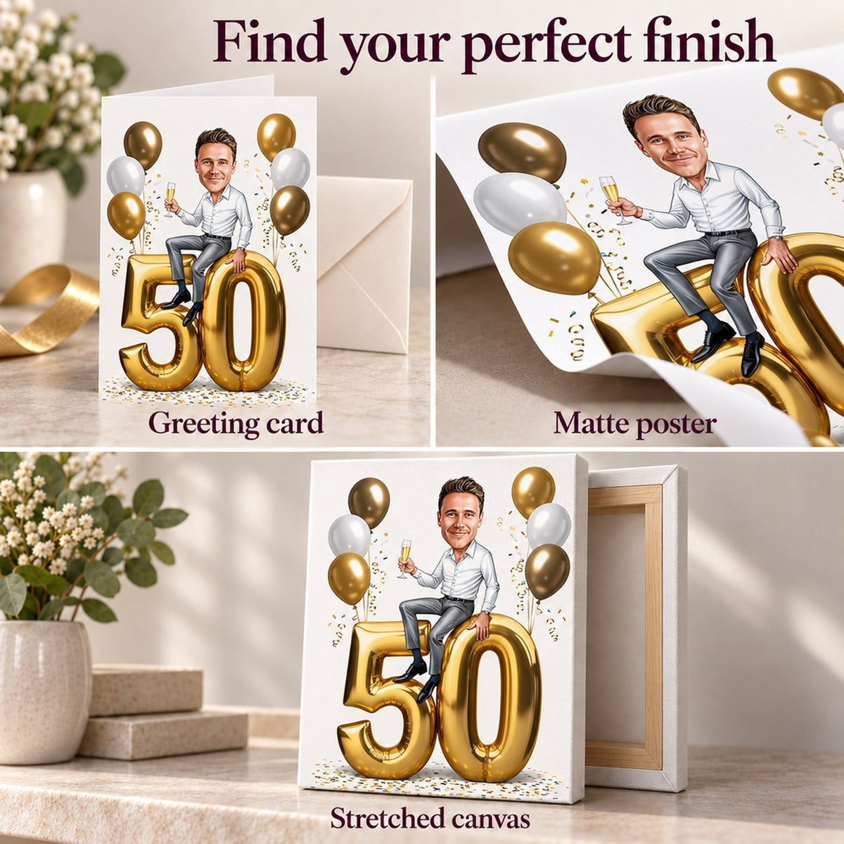 Matte poster, stretched canvas, and 5x7 greeting card options displayed together.