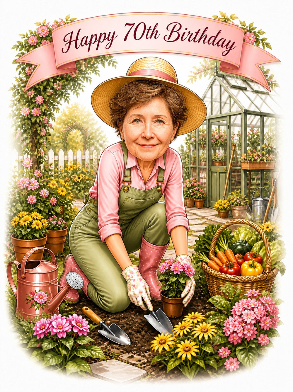 Woman gardener kneeling among flowers with trowels, watering can, greenhouse and Happy Birthday banner