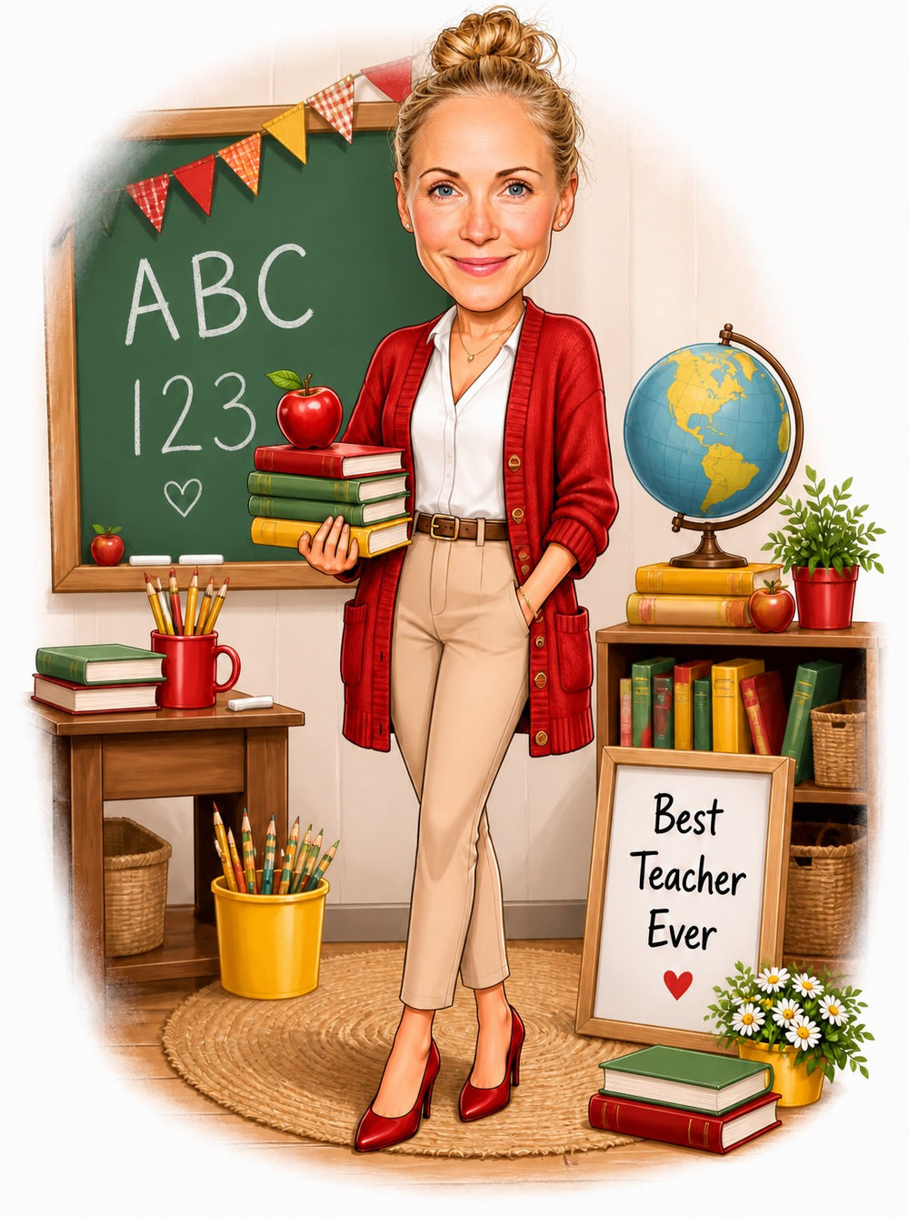 Female teacher caricature in classroom with ABC chalkboard, globe, red cardigan and sign.