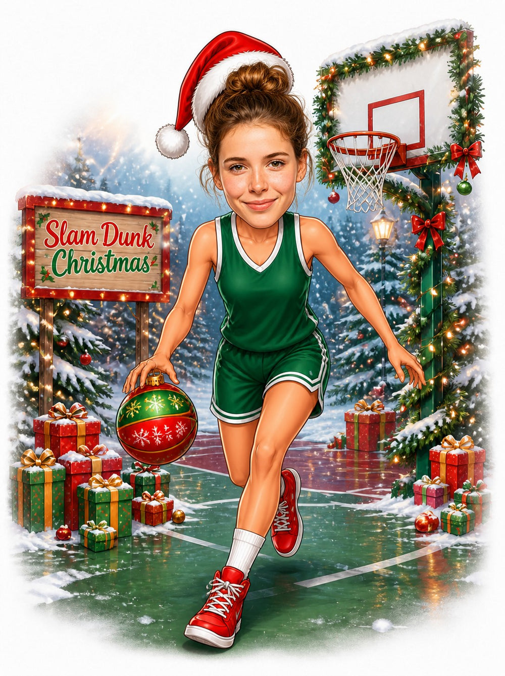 Woman in green uniform dribbles ornament ball, Santa hat, gifts, Slam Dunk sign.