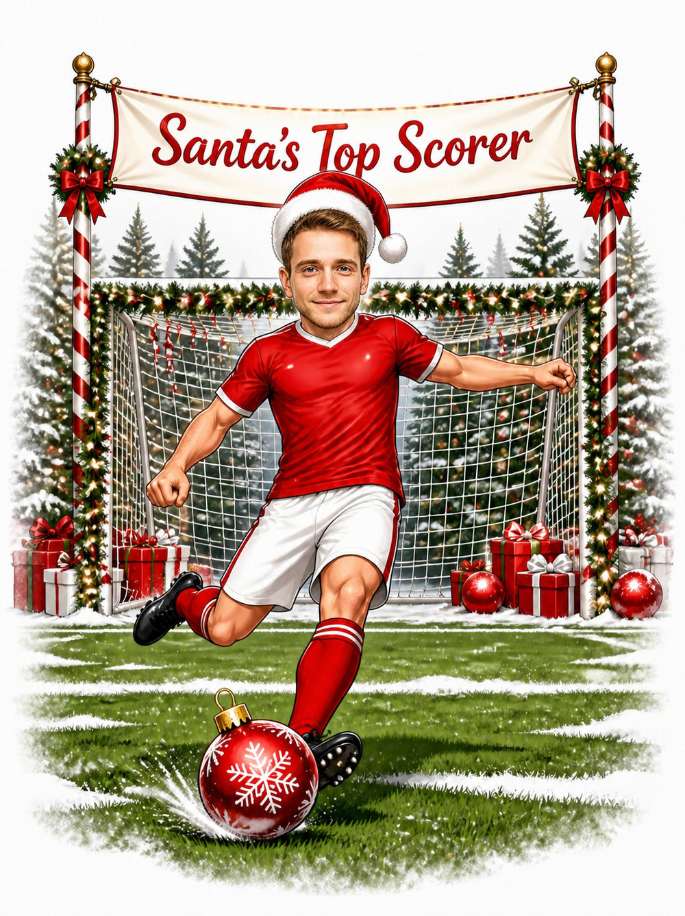 Soccer player in Santa hat kicking ornament ball under Santa’s Top Scorer banner.