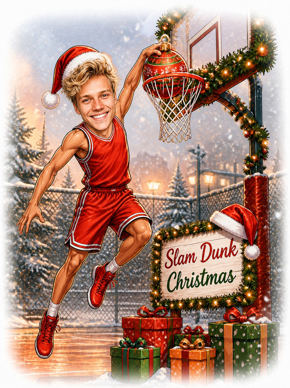 Basketball player dunking ornament into garland hoop, Santa hat, snowy court, presents.