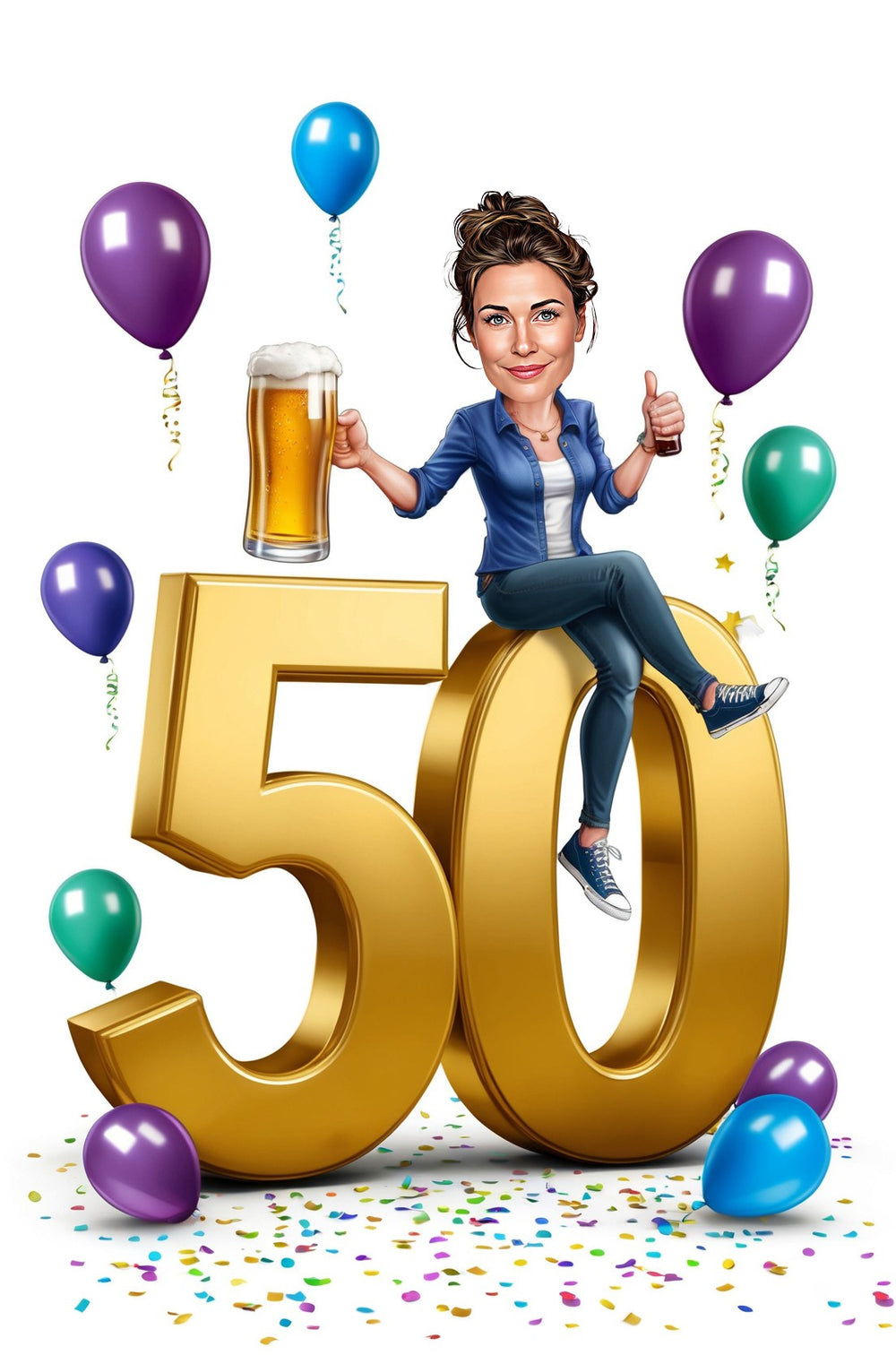 Woman caricature sitting on giant gold age number with beer, balloons and confetti.