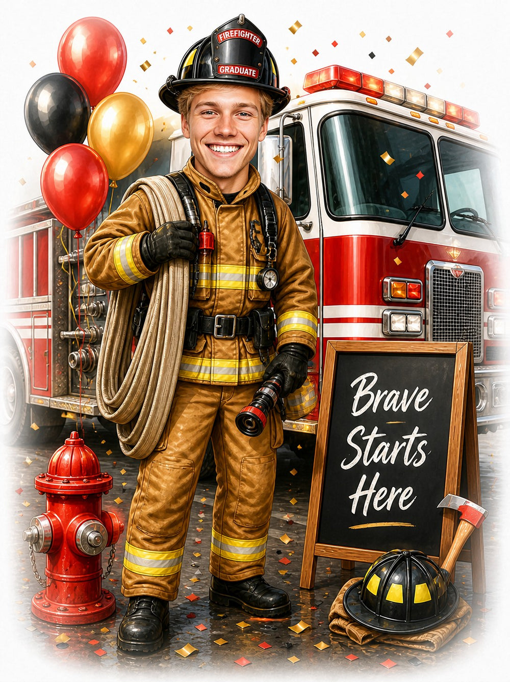 Male firefighter graduate with hose, fire truck, balloons, and Brave Starts Here chalkboard.