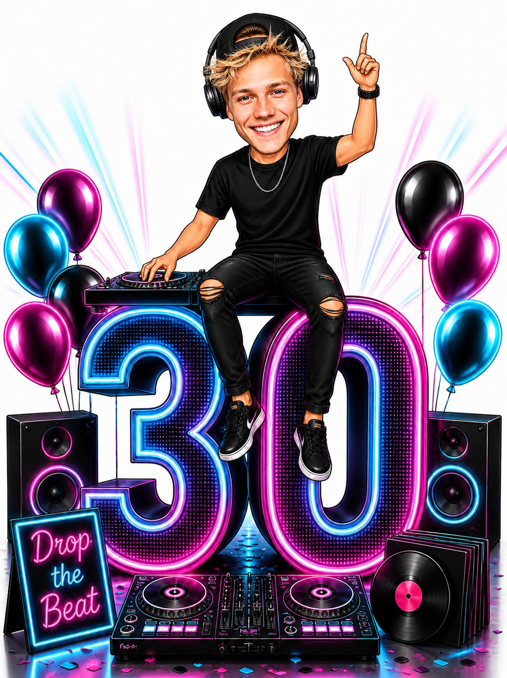 DJ caricature man sitting on neon 30 with decks, balloons, speakers.